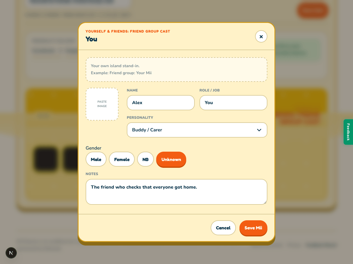 The You role form filled with Alex, Buddy / Carer, and a note about looking after friends.