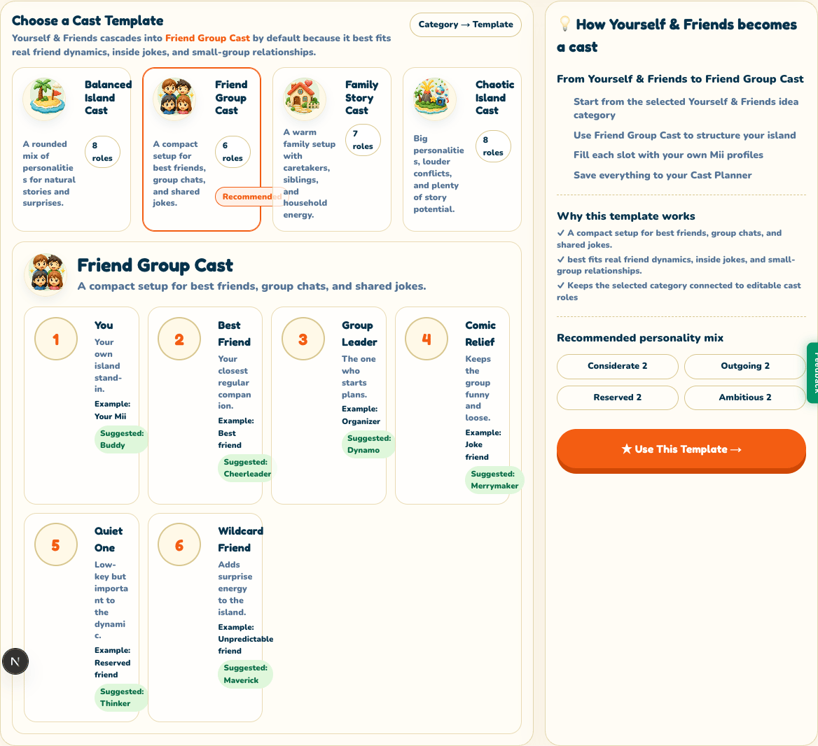 Mii Ideas showing the Friend Group Cast template selected for Yourself & Friends, with six roles and the Use This Template button.
